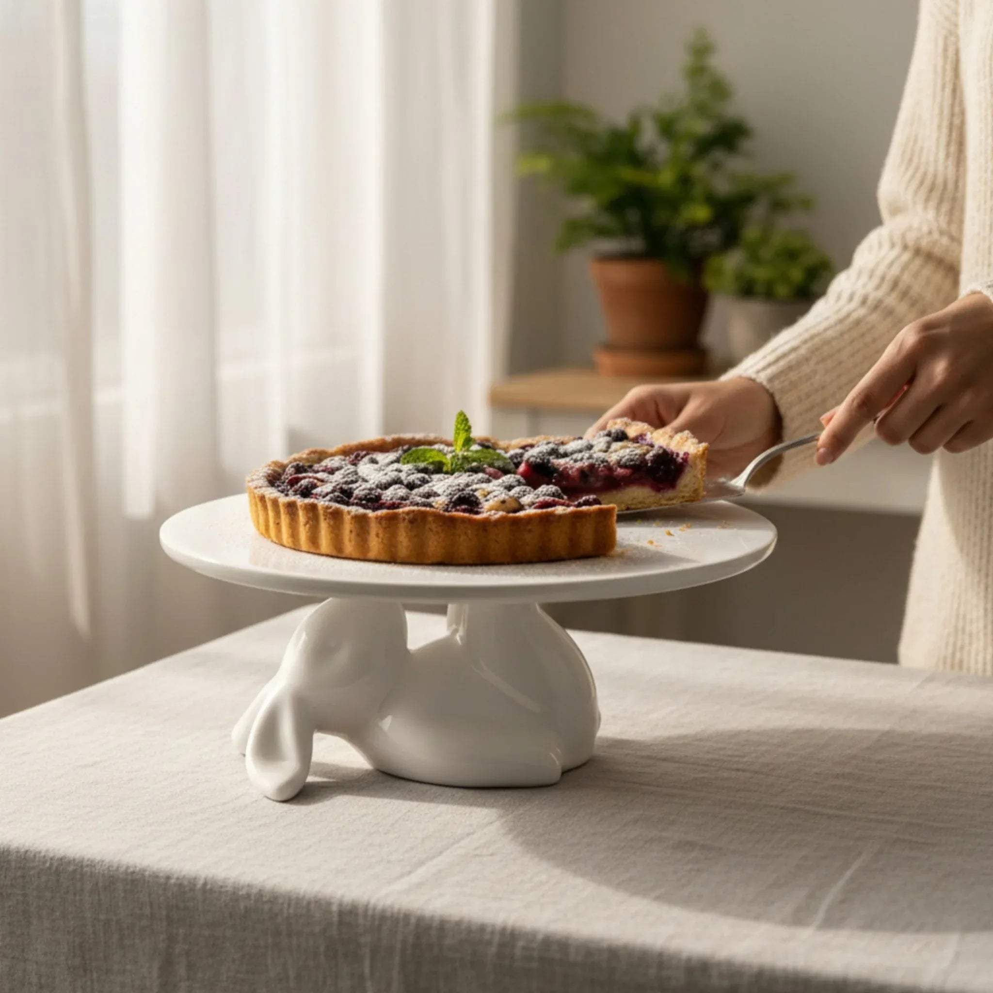 Lazing Bunny Ceramic Cake Stand | Unique Dessert Display Pedestal