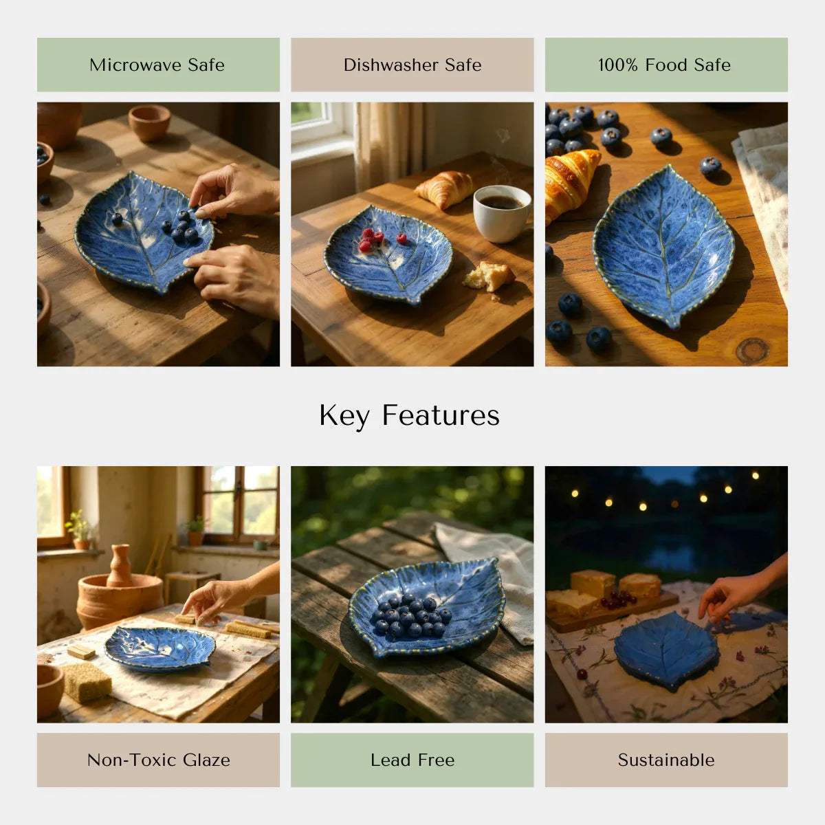 Rustic Stone quality; food-safe glaze, handcrafted design, and chip-resistant ceramic leaf platter.