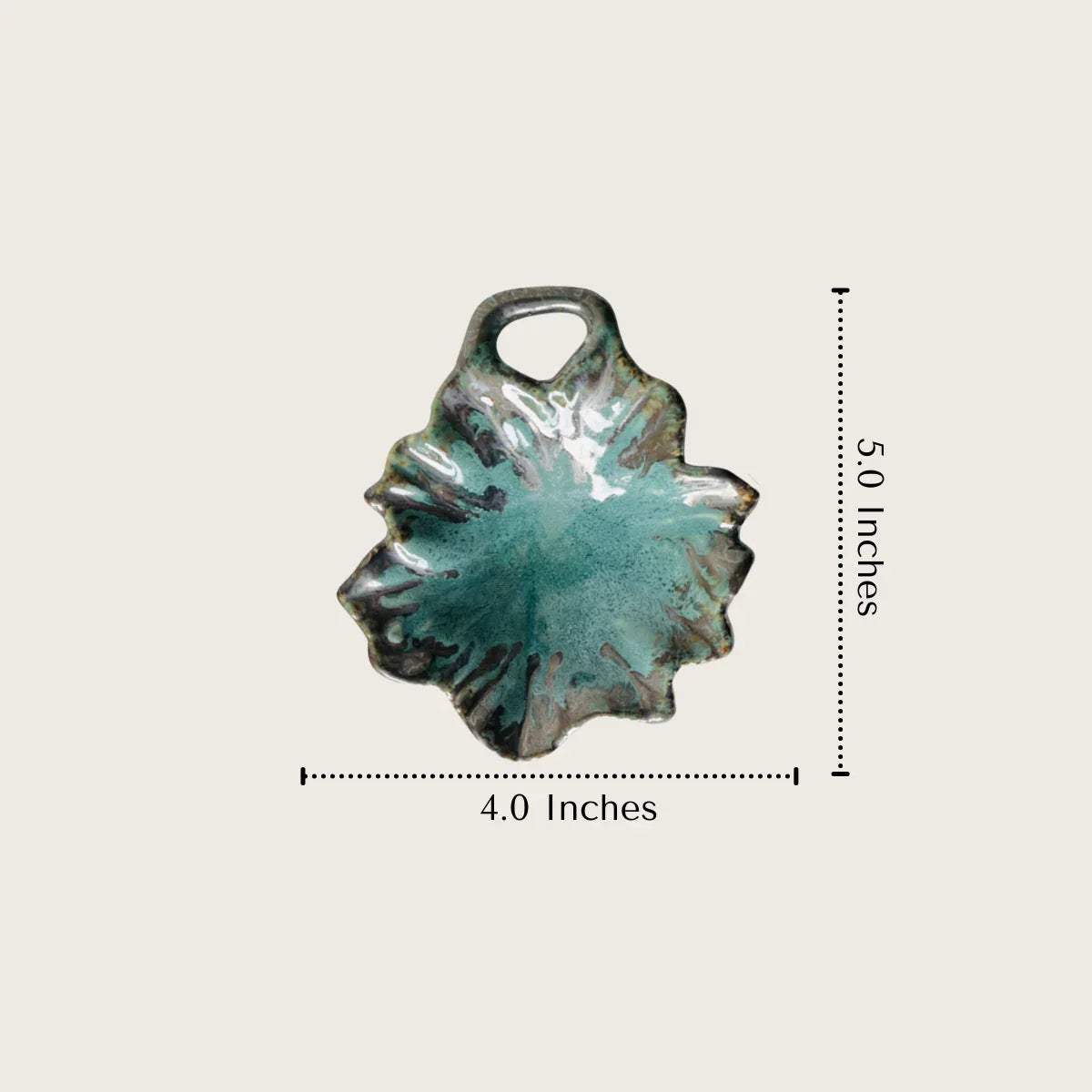 Teal ceramic leaf-shaped bowl measurements.