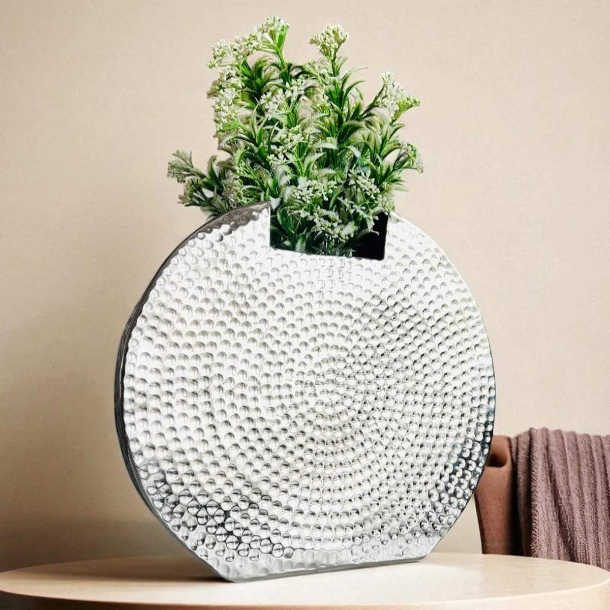 Vase next on a side table; large-sized sculptural vessel ideal for tabletops, mantels, or bedside decor.