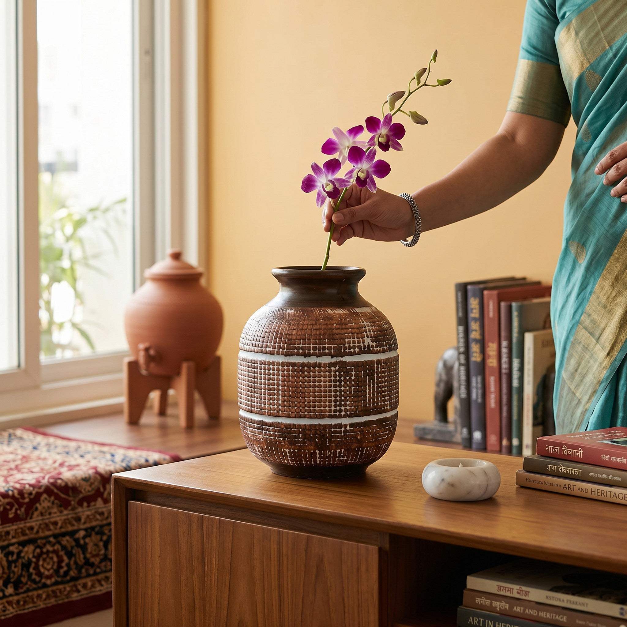 Premium artisan-led brown ceramic flower pot placed on a stylized shelf, ideal for luxury housewarming and festive Diwali gifting ideas.