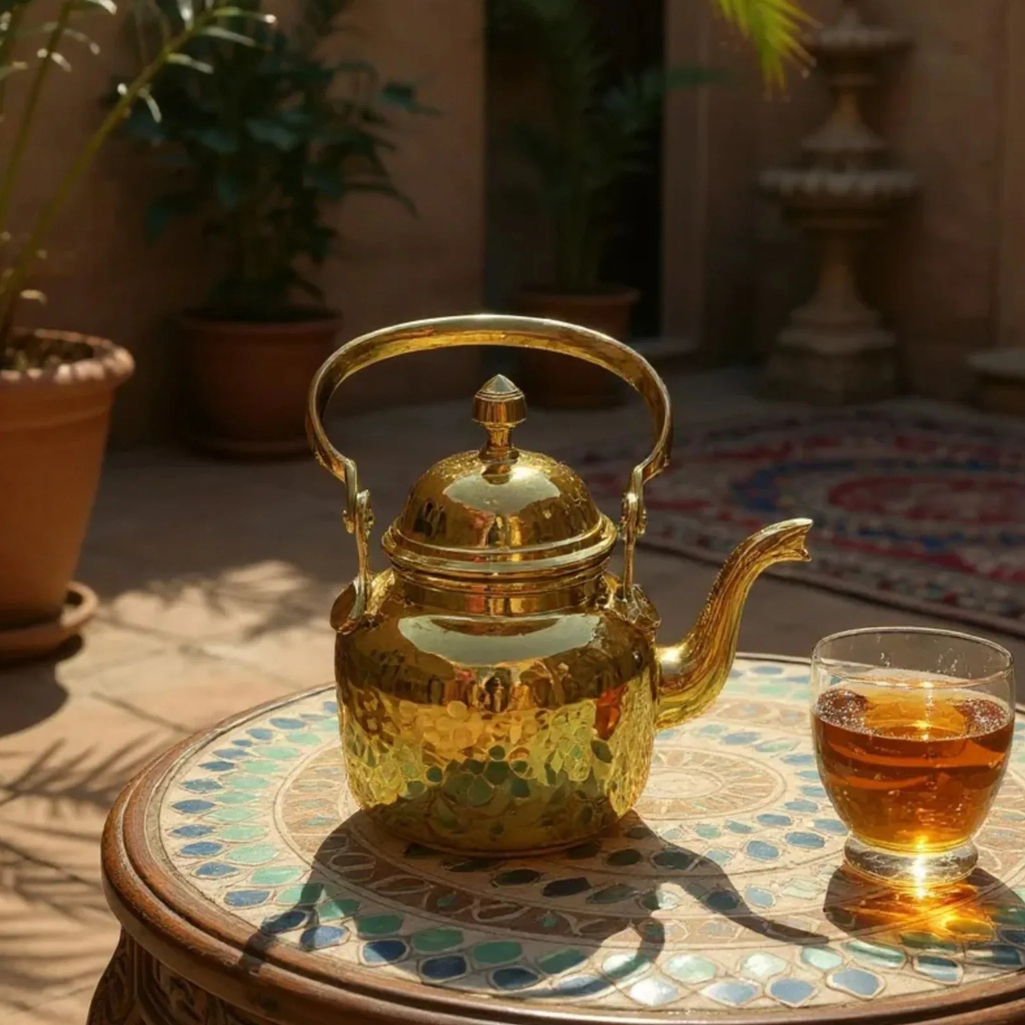 Rustic Stone Maharaja Brass Kettle; traditional etched gold brass teapot with an antique heritage finish.