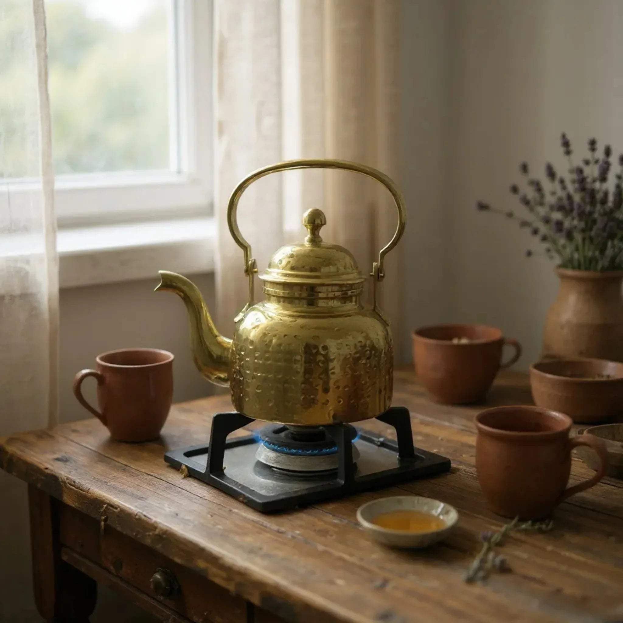 Gold brass teapot on a small stove boiling tea with cups on a wooden table.