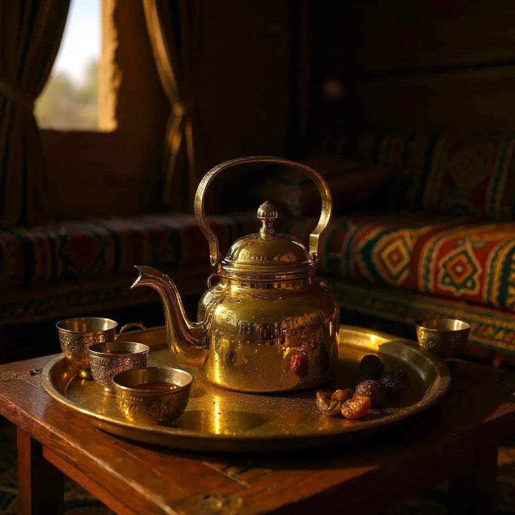 Decorative brass teapot on a tray with cups and dried fruits in a warm, dimly lit room maximalist living room.