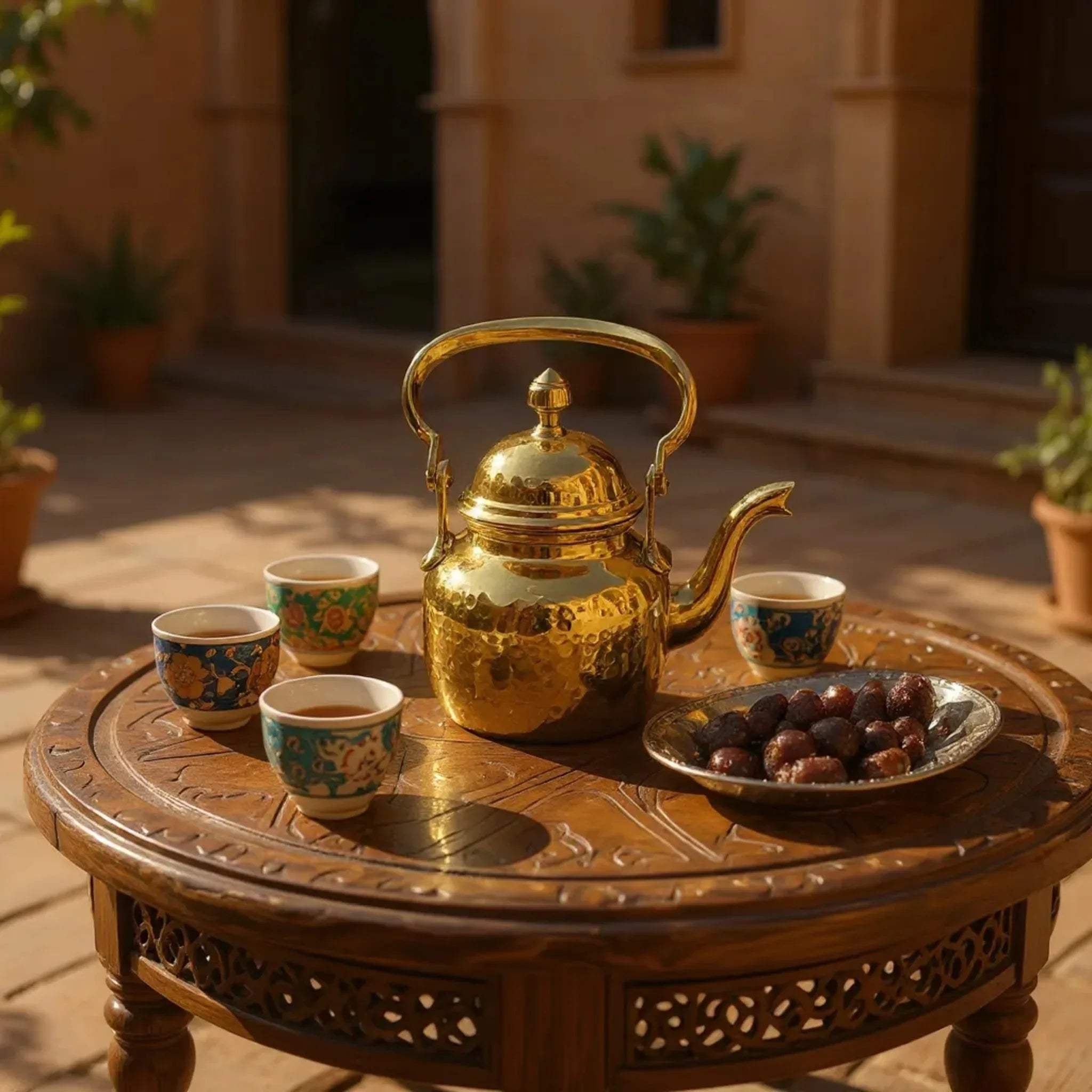 Maharaja Kettle with ceramic tea cups; Pinterest-worthy afternoon tea and aesthetic ethnic hosting style.