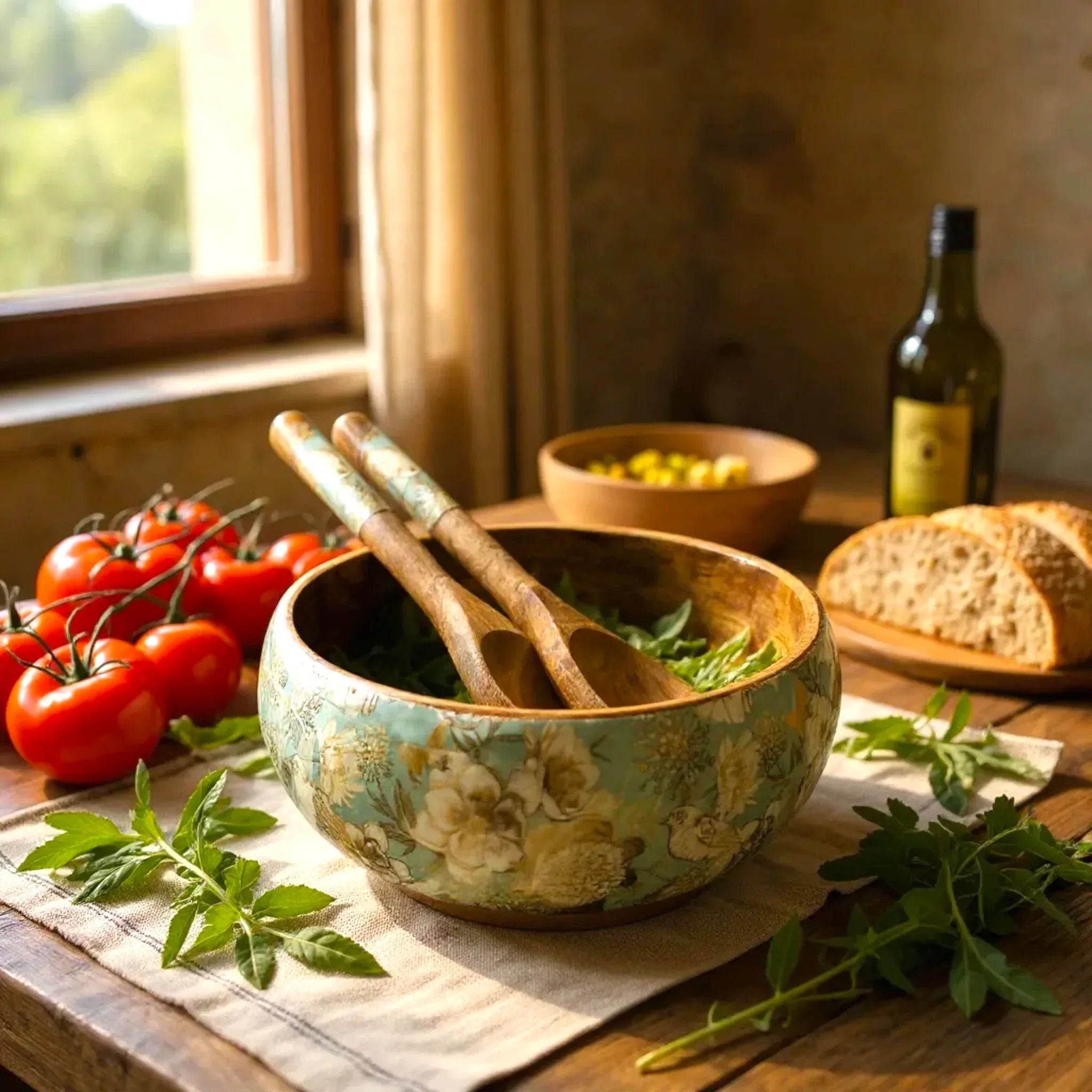 City Sparrow Wood Bowl with salad; Pinterest-worthy organic tablescape and sustainable kitchen styling.