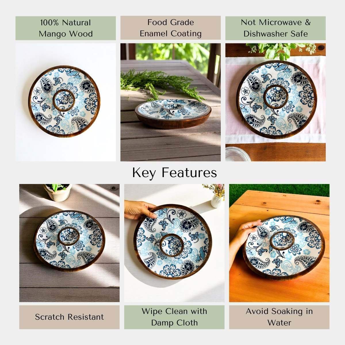 Wooden chip and dip plate with floral pattern featuring key features.