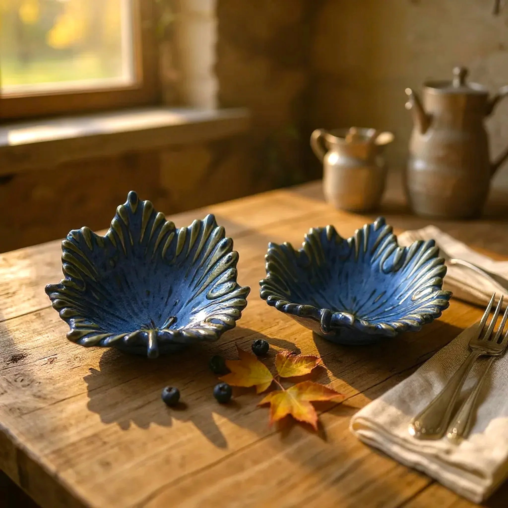Close-up of the detailed leaf vein texture and rich blue glaze on the Rustic Stone maple leaf holder.