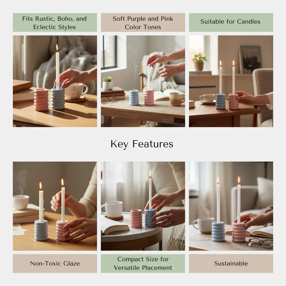 Rustic Stone quality; heat-resistant ceramic, non-slip base, and handcrafted modern candlestick set.