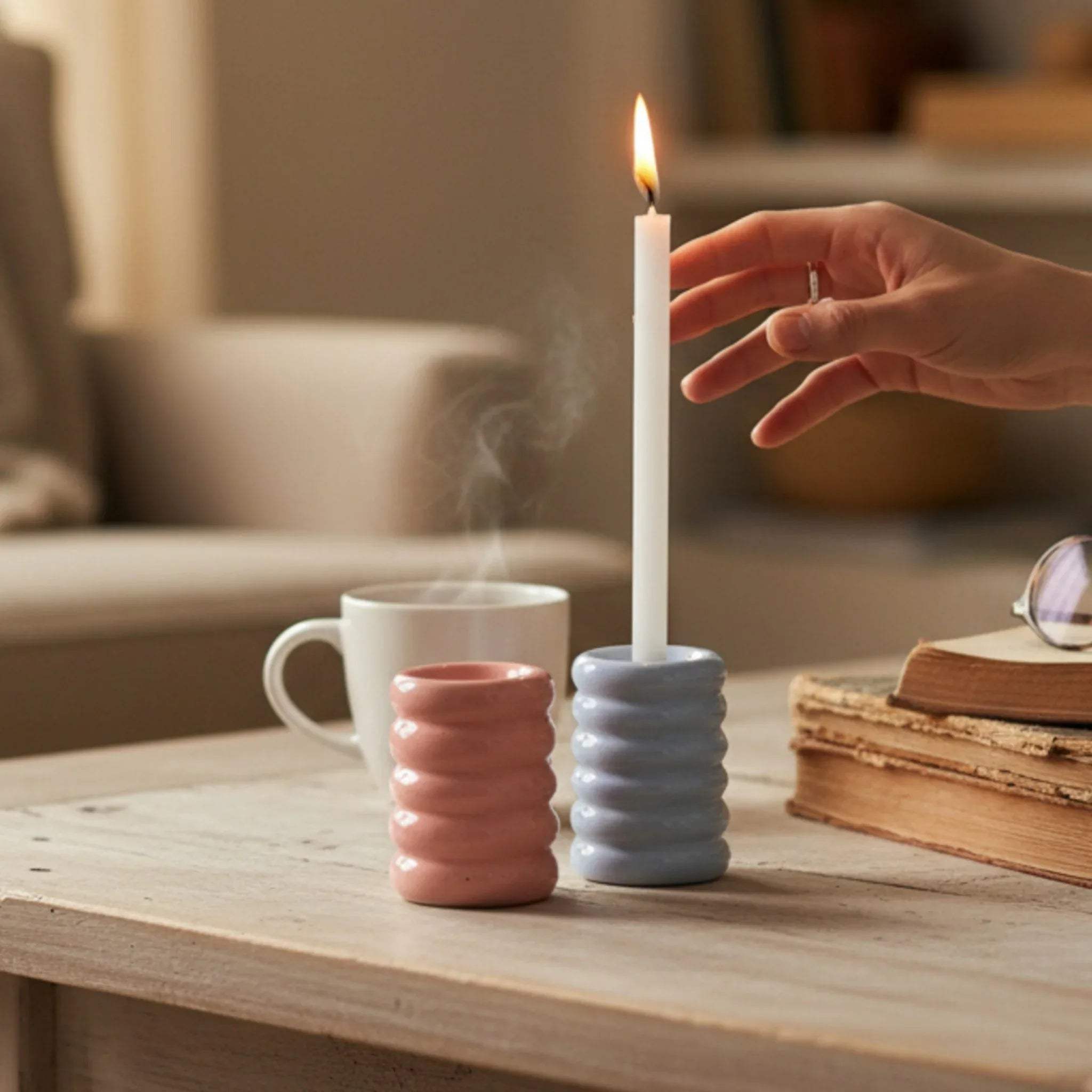 Marshmallow stands with lit candles; Pinterest-worthy dinner mood lighting and aesthetic mantle decor.