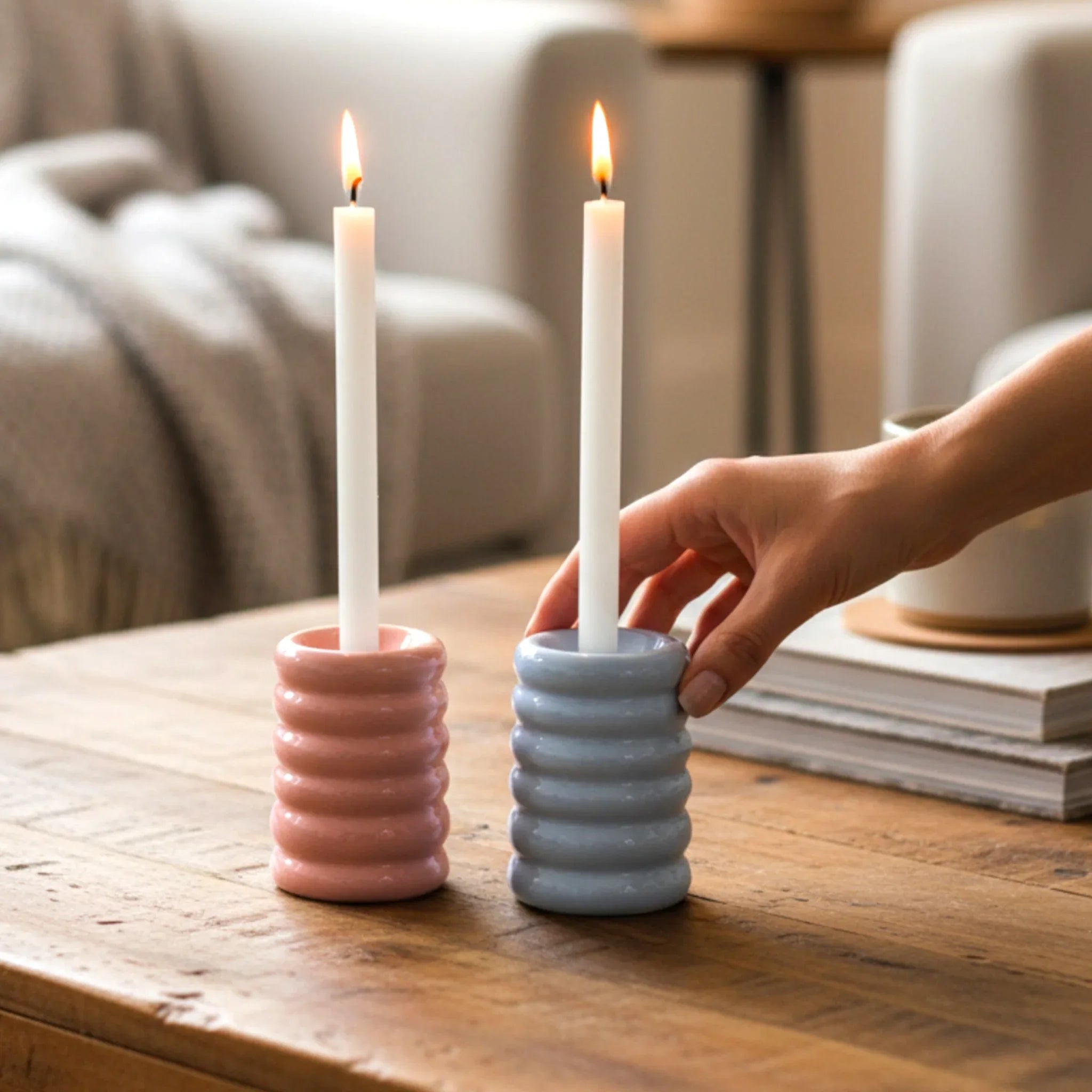 Rustic Stone Marshmallow Candlesticks; set of 2 curvy white ceramic candle holders with a rounded design.