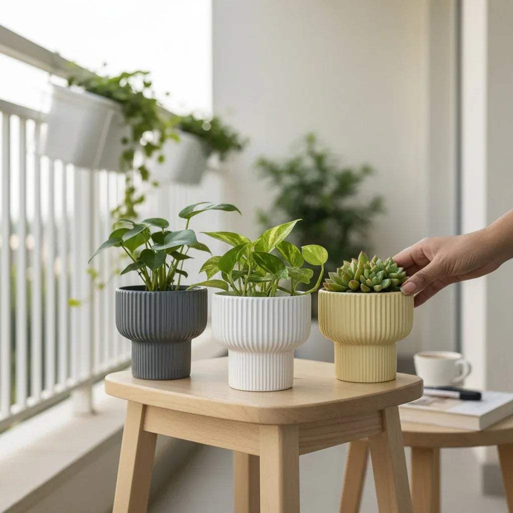 Martini Planter set; 3 modern ribbed ceramic pedestal planters in grey, white, and yellow for balcony decor.