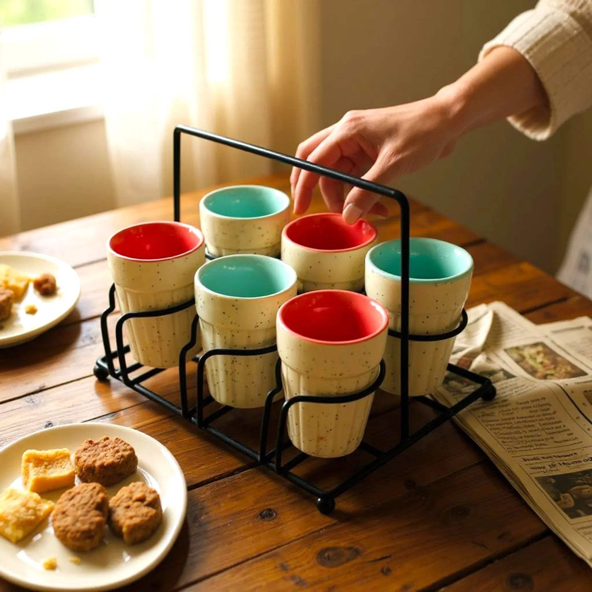 Artisanal kulhad cups by Rustic Stone in a metal holder on a wooden table with snacks.