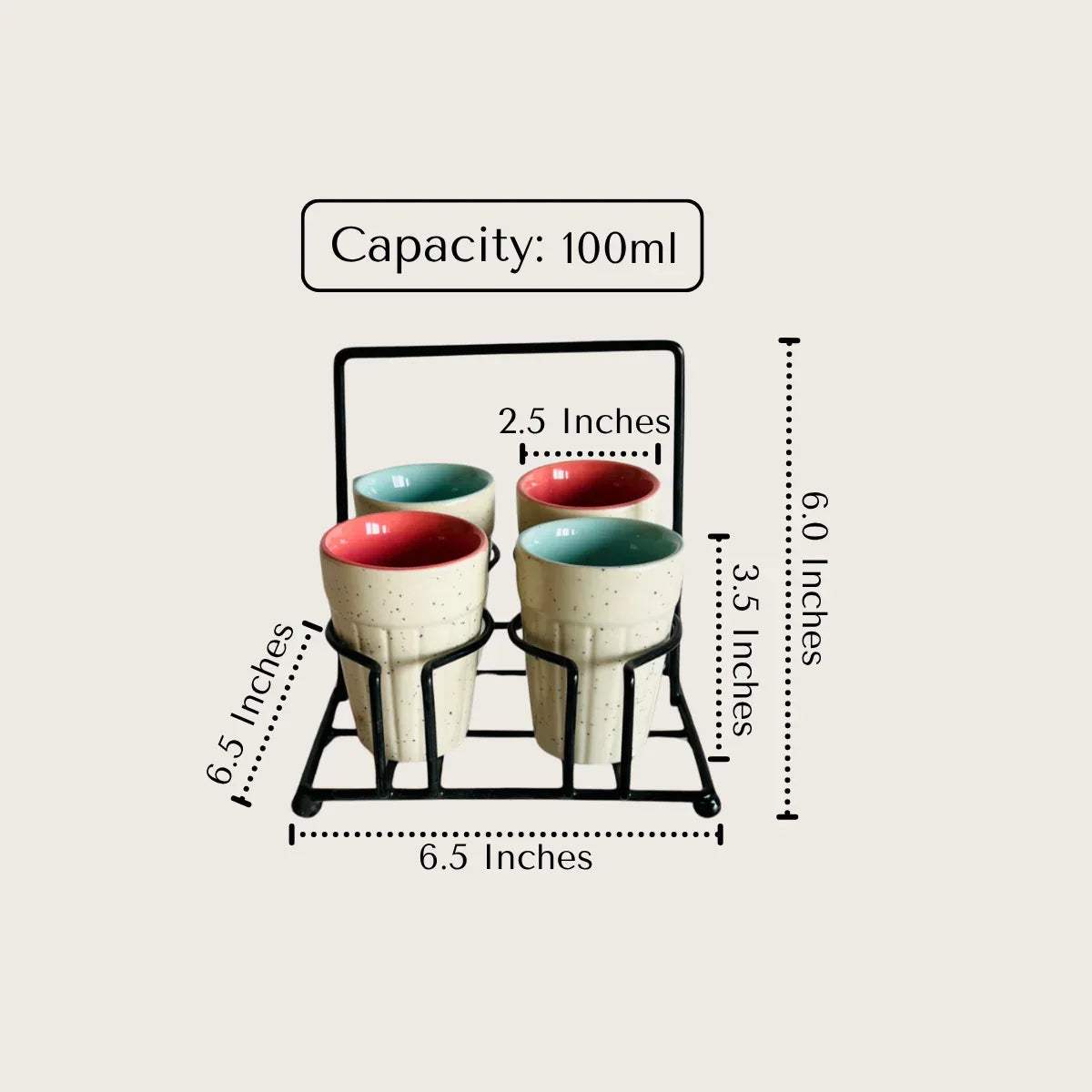 Rustic Stone artisanal mugs set with metal holder, 100ml capacity, color interiors, measurement guide.