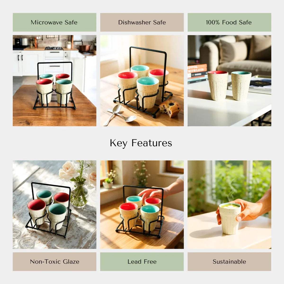 Rustic Stone artisanal cups in a metal holder on wooden tables, shown as microwave, dishwasher, and food safe.