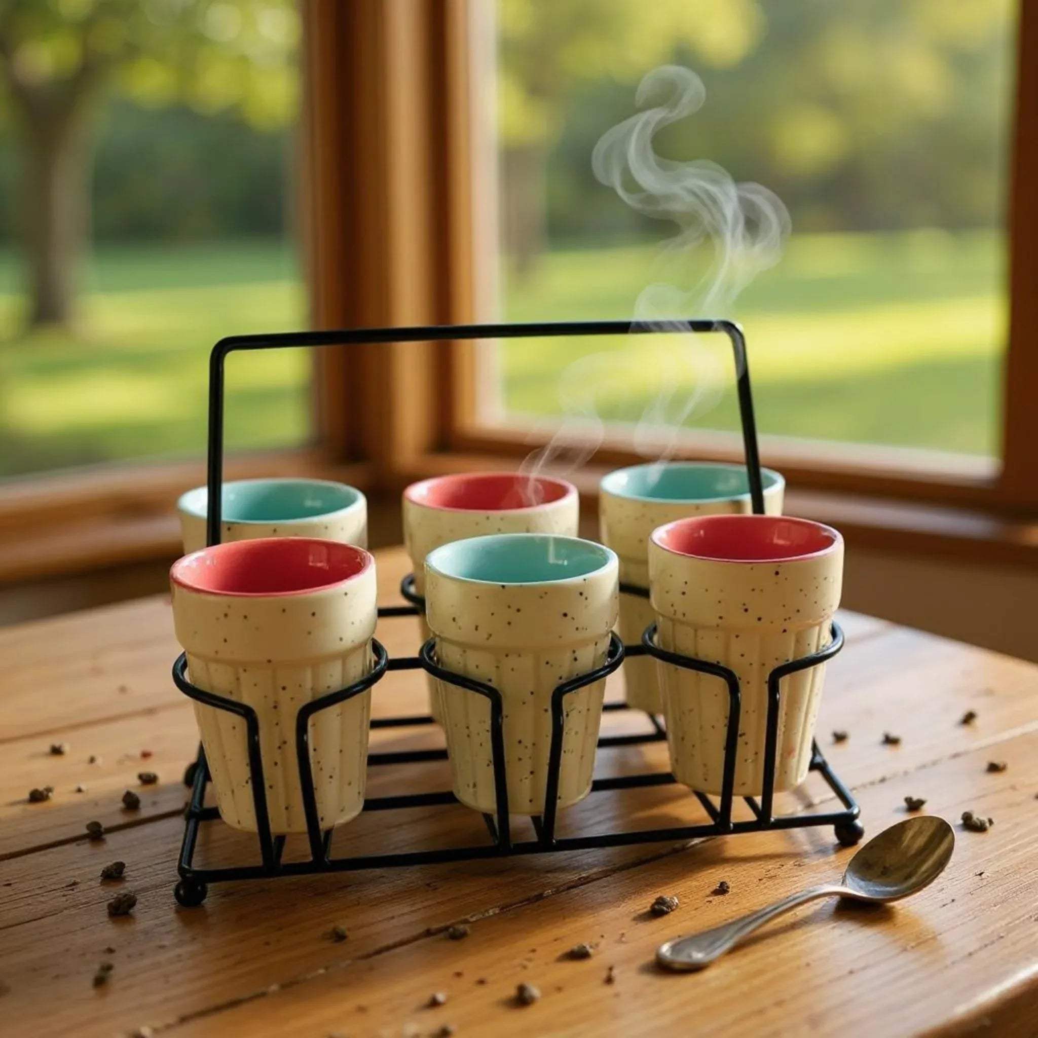 Rustic Stone artisanal ceramic tea cups in a metal holder on wooden table with outdoor view