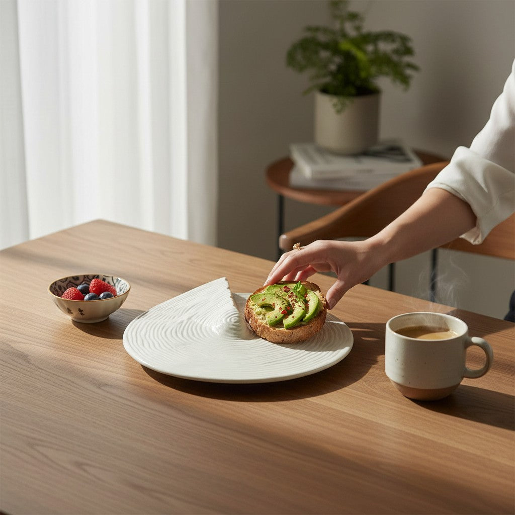 A breakfast set up with an artisanal white platter, cup of coffee and berries 