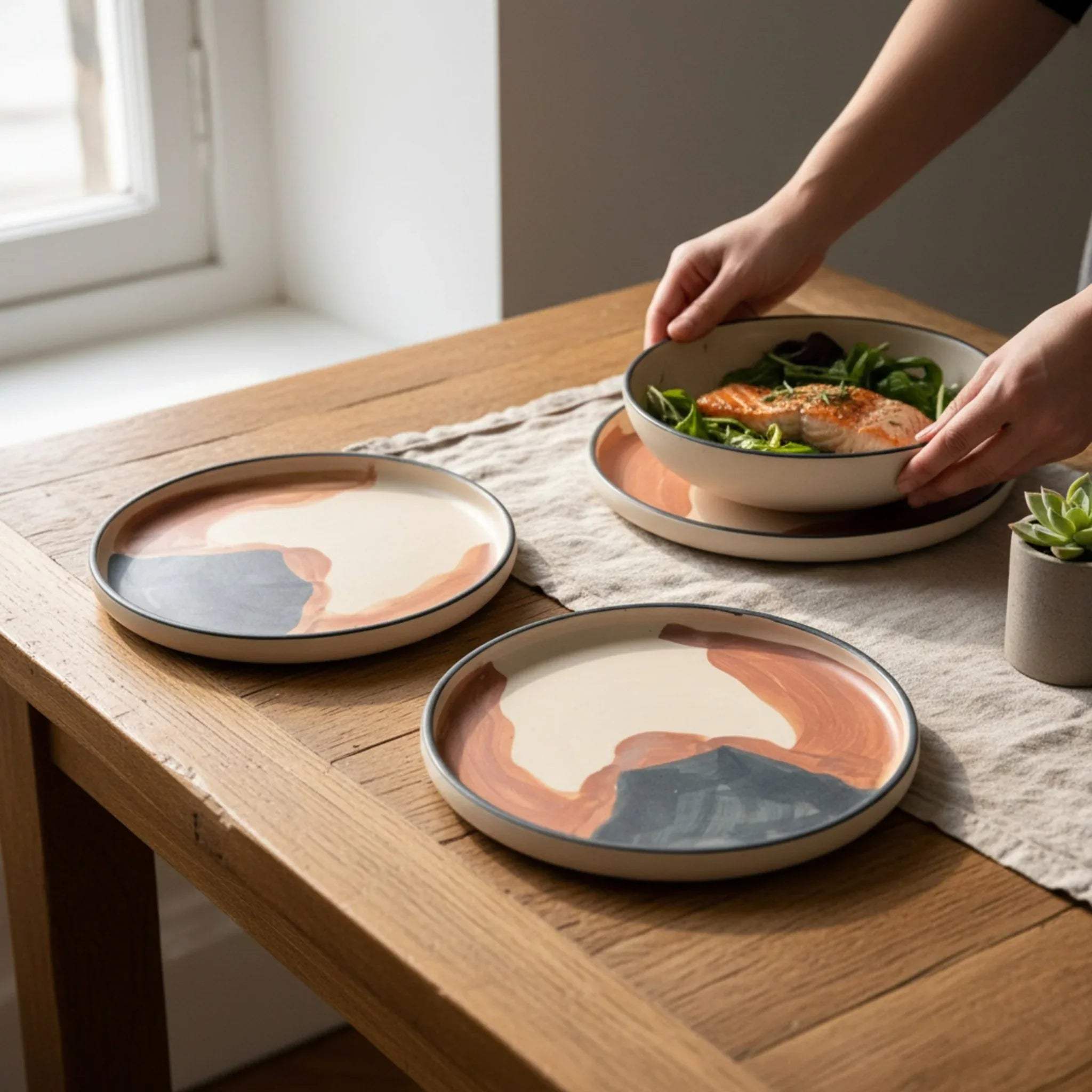 Person setting a table with the mesa plates and a bowl of salad.