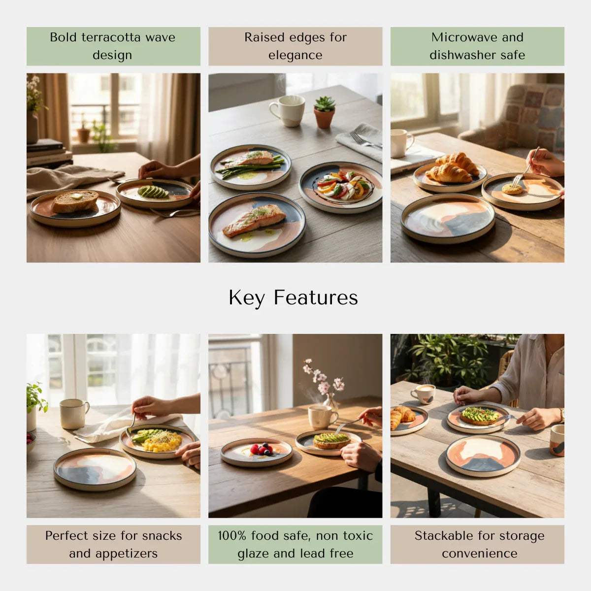 Rustic Stone quality; microwave and dishwasher safe, lead-free, and handcrafted snack plates.