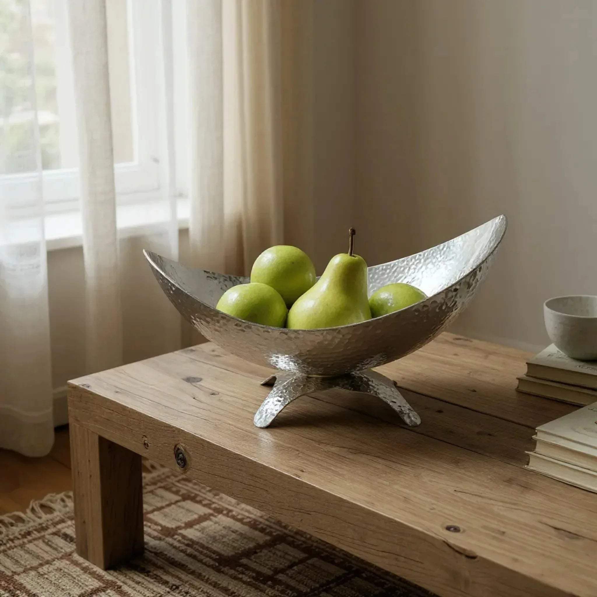 Aluminium bowl with green apples; unique housewarming gift and durable metal centerpiece for dining tables.
