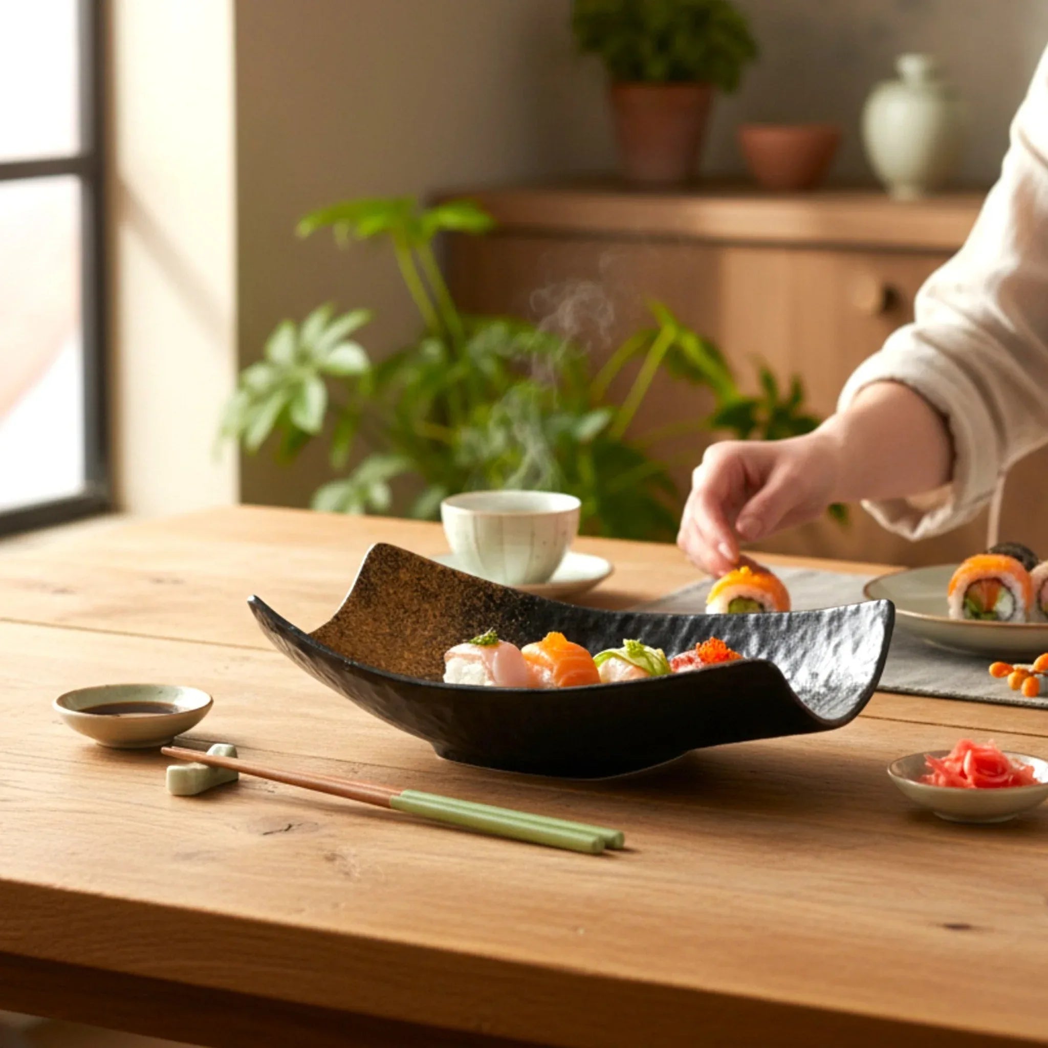 Artisanal Rustic Stone tableware with sushi, chopsticks, and tea on a wooden dining table