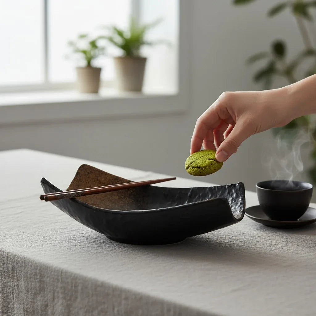 Hand placing green cookie on black rustic stone appetizer platter with chopsticks, cup on table.