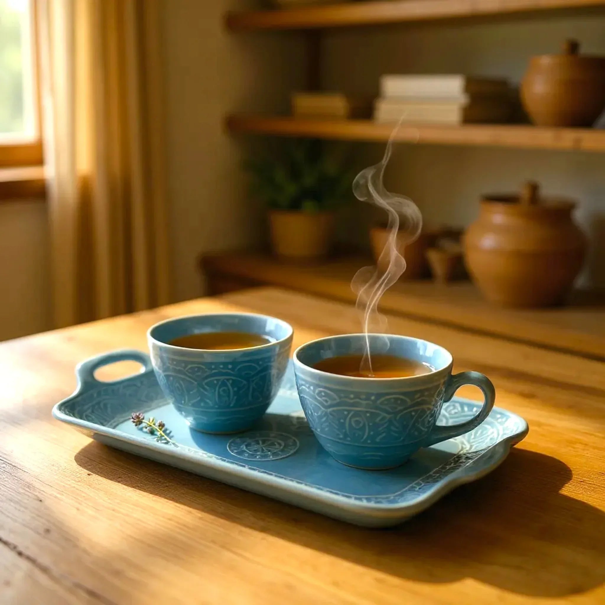 Morning digital detox; a single tray with coffee on a wooden desk, clean and efficient.