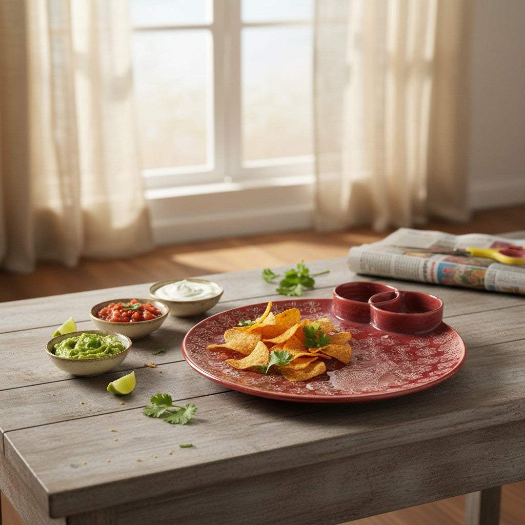 The artisanal terracotta chip and dip tray filled with chips and dip for a modern slow-living dinner party.