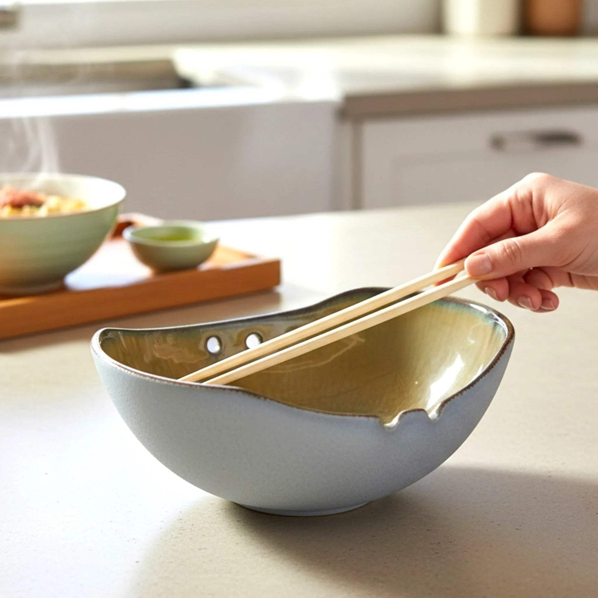Rustic Stone Mizu Ramen Bowl; deep brown and ocean blue glazed ceramic bowl with a wide rim for noodle soups.