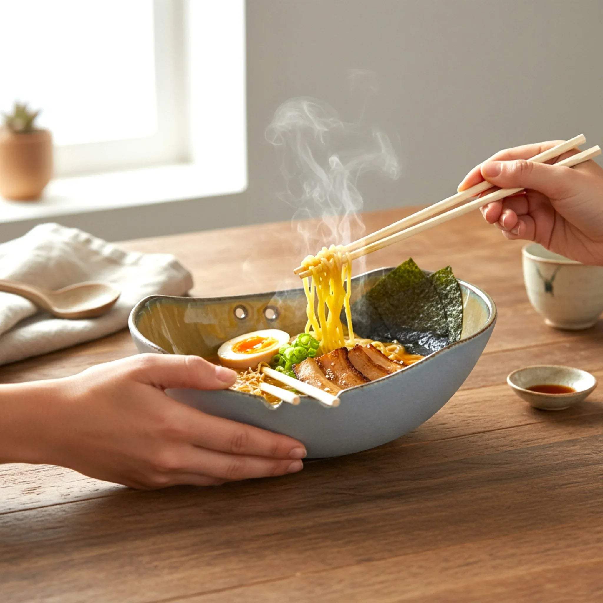 Mizu bowl with steaming ramen; Pinterest-worthy solo dining and aesthetic Japanese-inspired hosting.