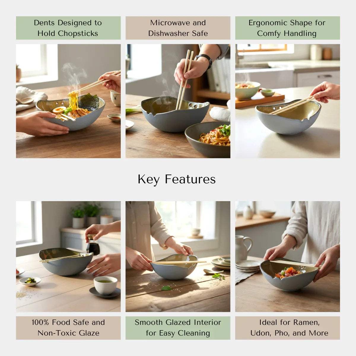 Rustic Stone quality; heat-retaining ceramic, lead-free, and handcrafted mizu blue ramen bowl.