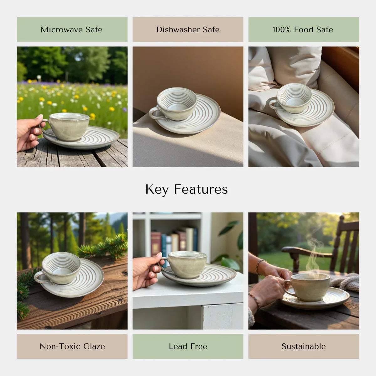 Rustic Stone quality; microwave safe, lead-free glaze, and ergonomic handle for daily coffee rituals.