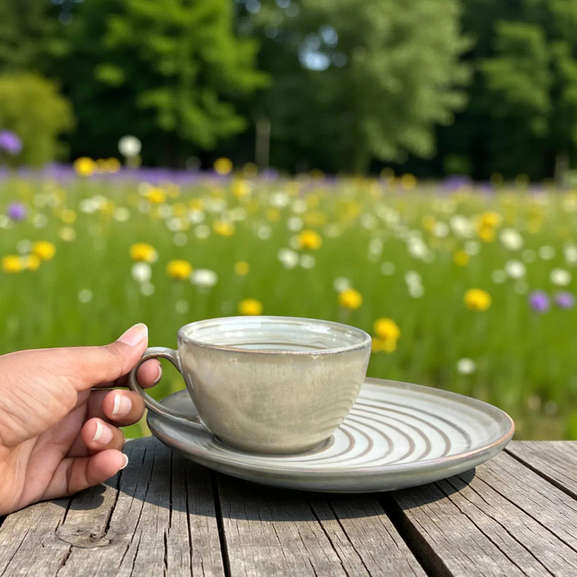 Mocha Earth mugs on a garden desk; Pinterest-worthy rustic morning and aesthetic styling.