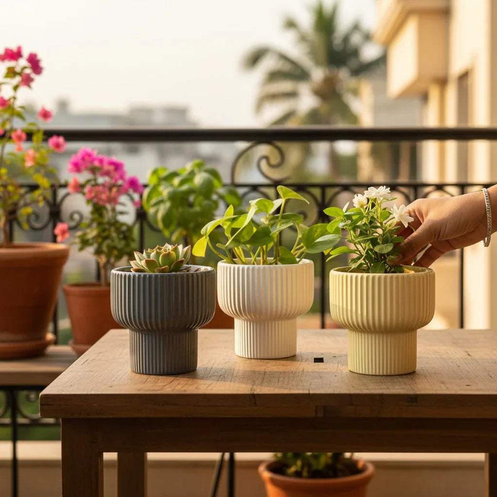 Aesthetic balcony garden; Martini planters with succulents and pothos on a minimalist light wood stool.