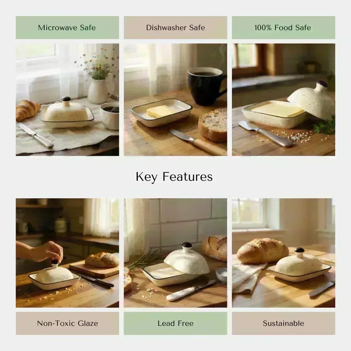 Rustic Stone quality; multi-purpose storage, artisanal detail, and petite handcrafted tabletop organization for butter or muffins.
