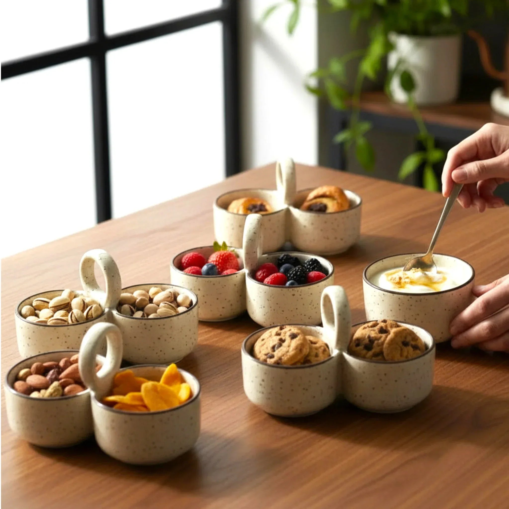 Rustic Stone artisanal ceramic bowls with snacks and fruit on a wooden table by a window.