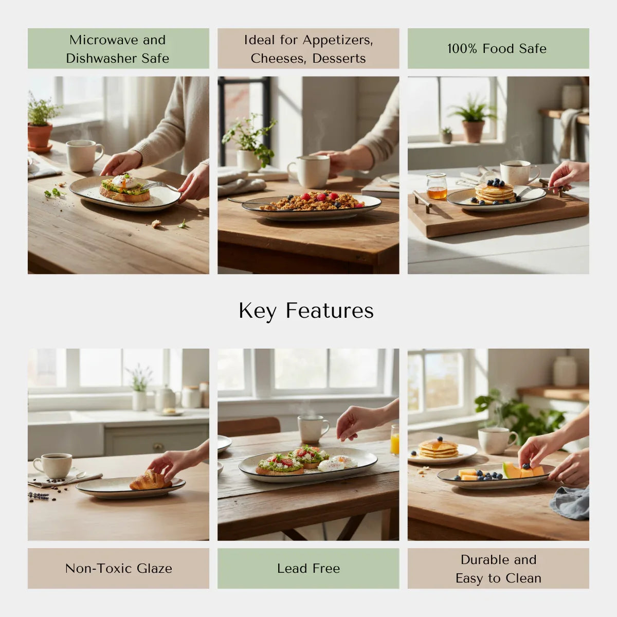 Rustic Stone quality; chip-resistant edges, food-safe glaze, and stackable design for easy storage of white platter.