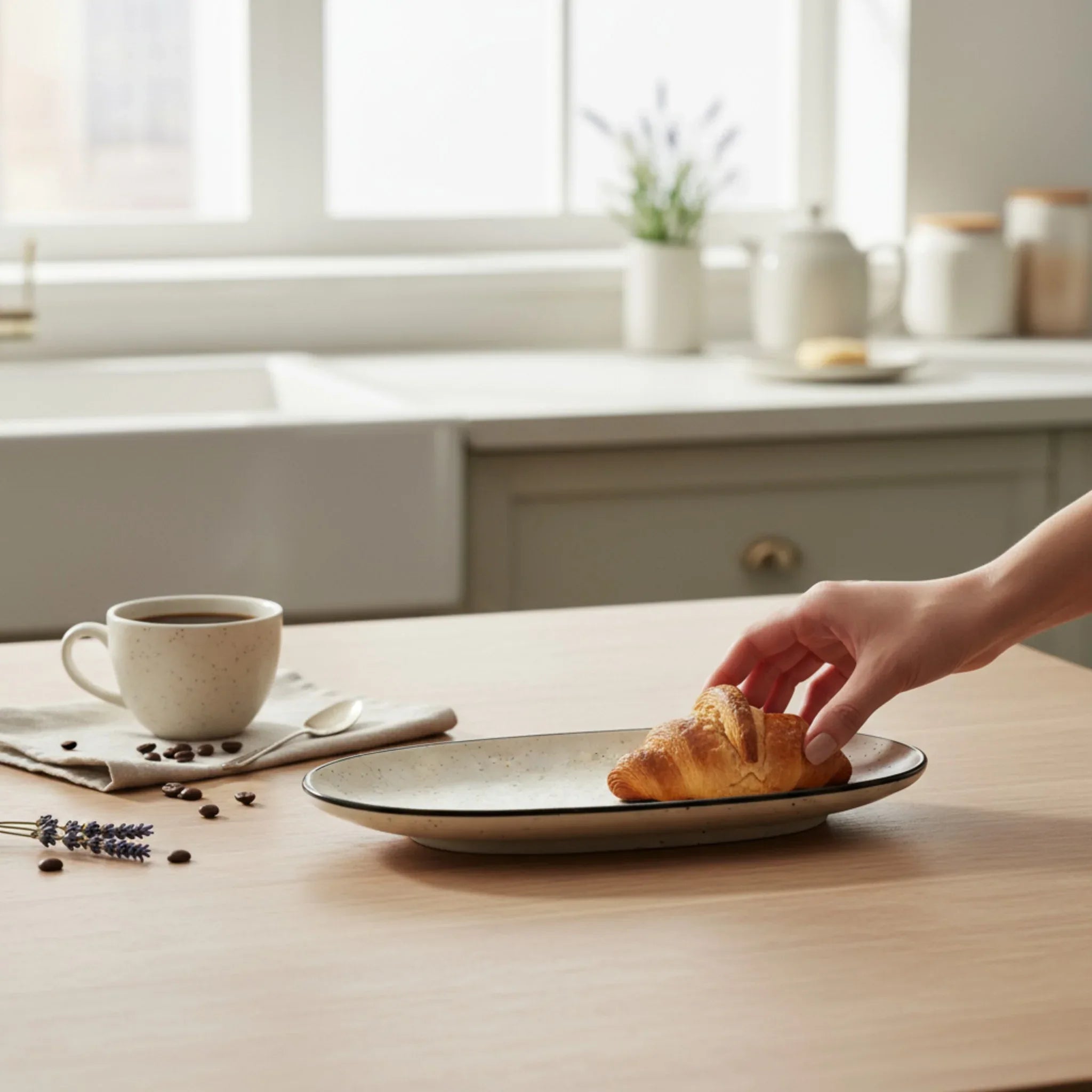 Platter with a croissant; 10.5-inch length ideal for serving cheeses, desserts, or shared small plates.