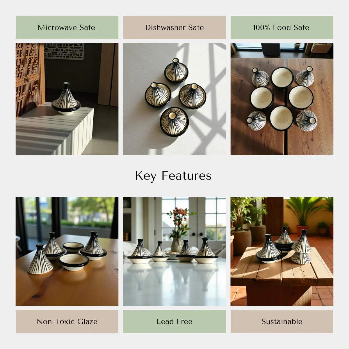 Rustic Stone quality; heat-retaining ceramic, dishwasher safe, and non-toxic glaze for Moroccan inspired dining.