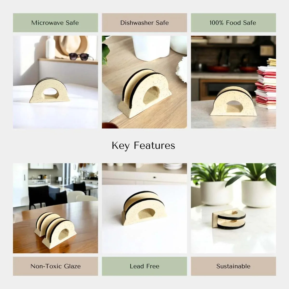 Product display with key features labeled as microwave safe, dishwasher safe, food safe, non-toxic glaze, lead free, and sustainable.