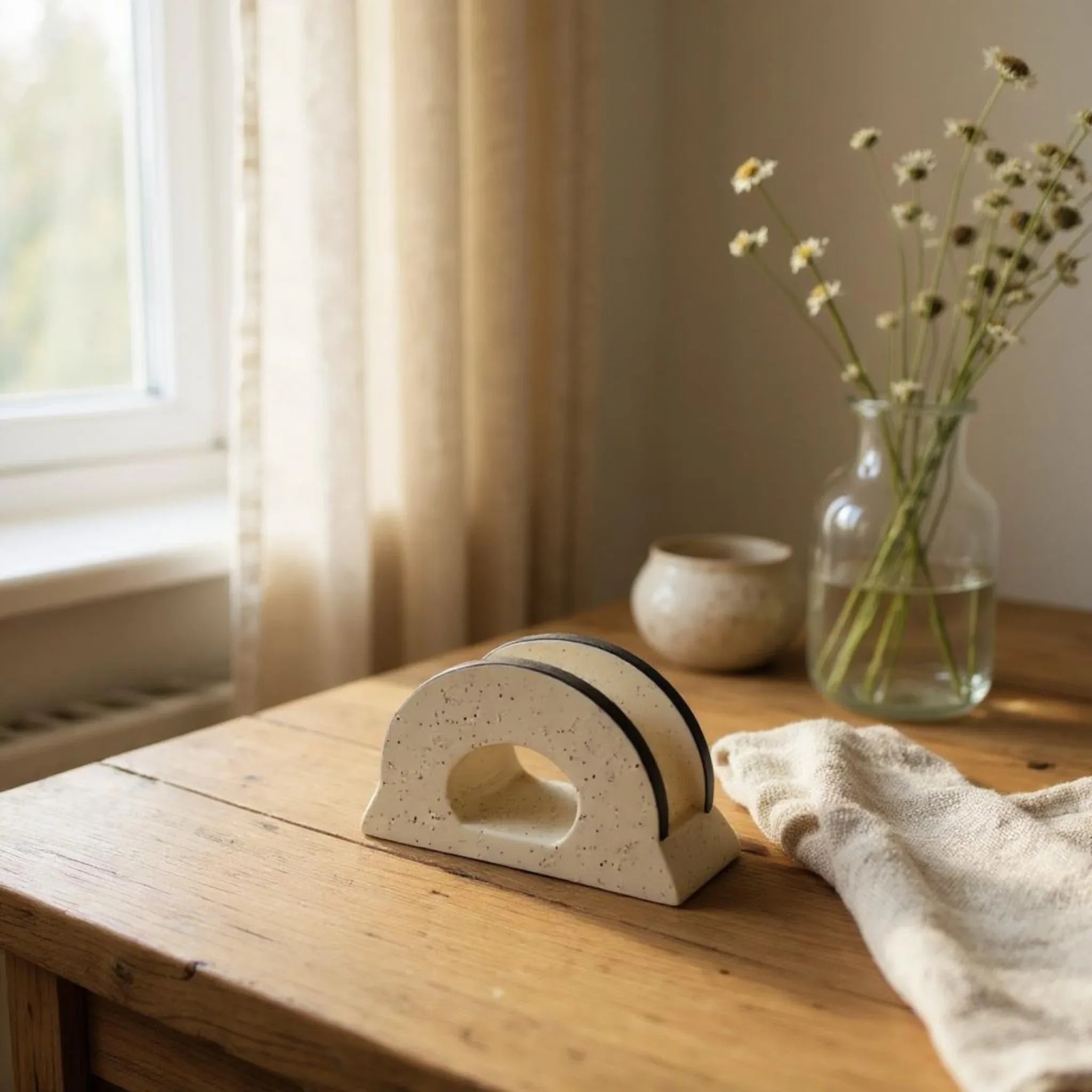 White ceramic tissue holder on a wooden table; Pinterest-worthy bathroom styling and aesthetic vanity decor.