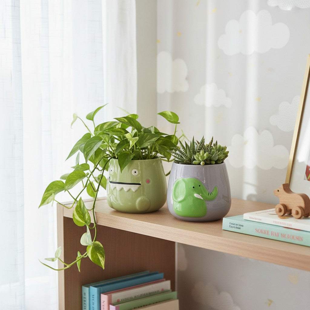 A pastel green monster planter and a lavender elephant succulent pot styled together with indoor greenery on a wooden desk in a kids room.