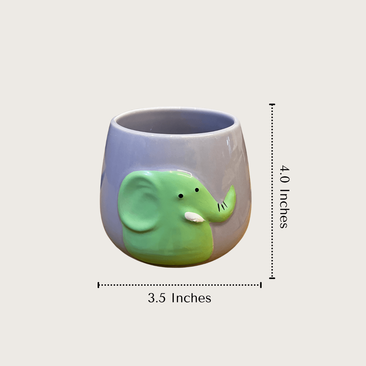 Product measurement chart showing the height and diameter dimensions of the ceramic monster and elephant pots.