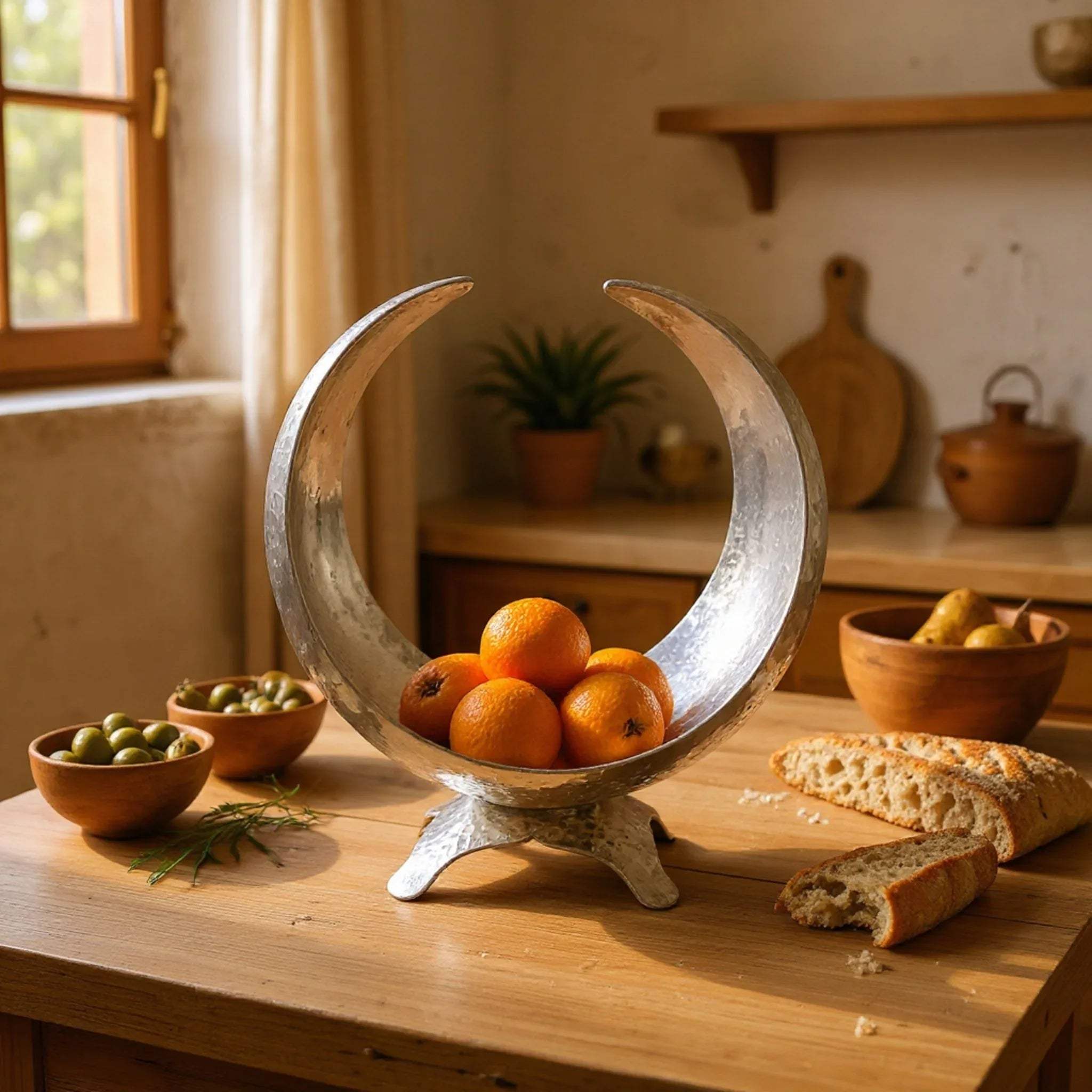 Moonlit Arc Bowl with fresh oranges; Pinterest-worthy kitchen island centerpiece and aesthetic sculptural hosting.