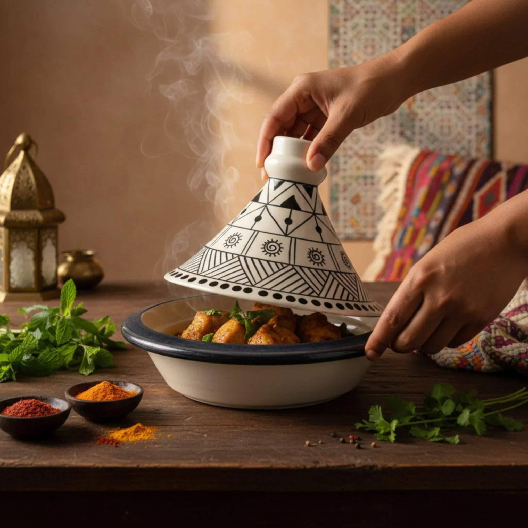 Rustic Stone Moroccan Tagine al-Shams; large black and white ceramic serving dish with hand-painted sun motifs.