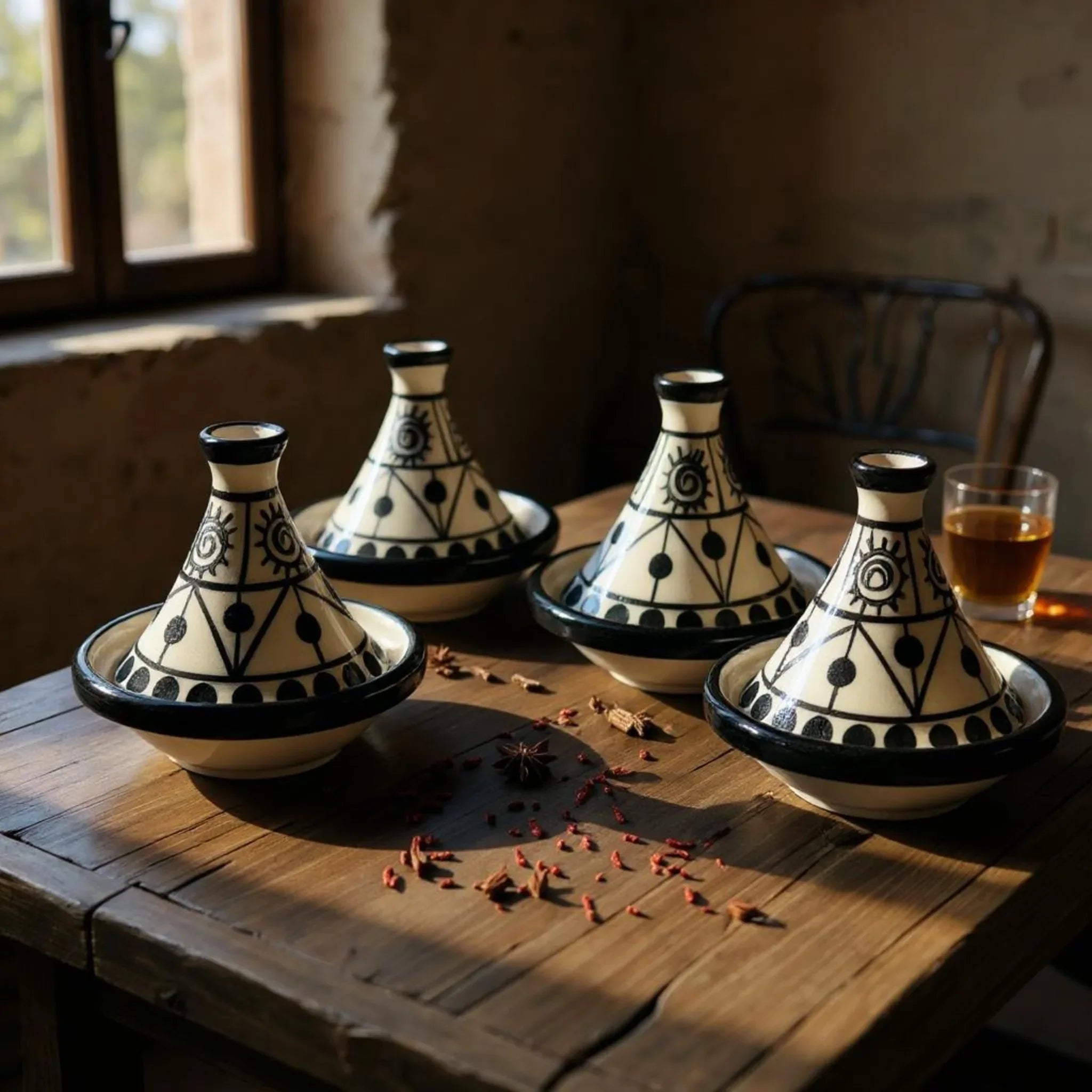 Rustic Stone Moroccan Mini Tagine al-Shams; set of 4 black and white ceramic dishes with hand-painted sun motifs.