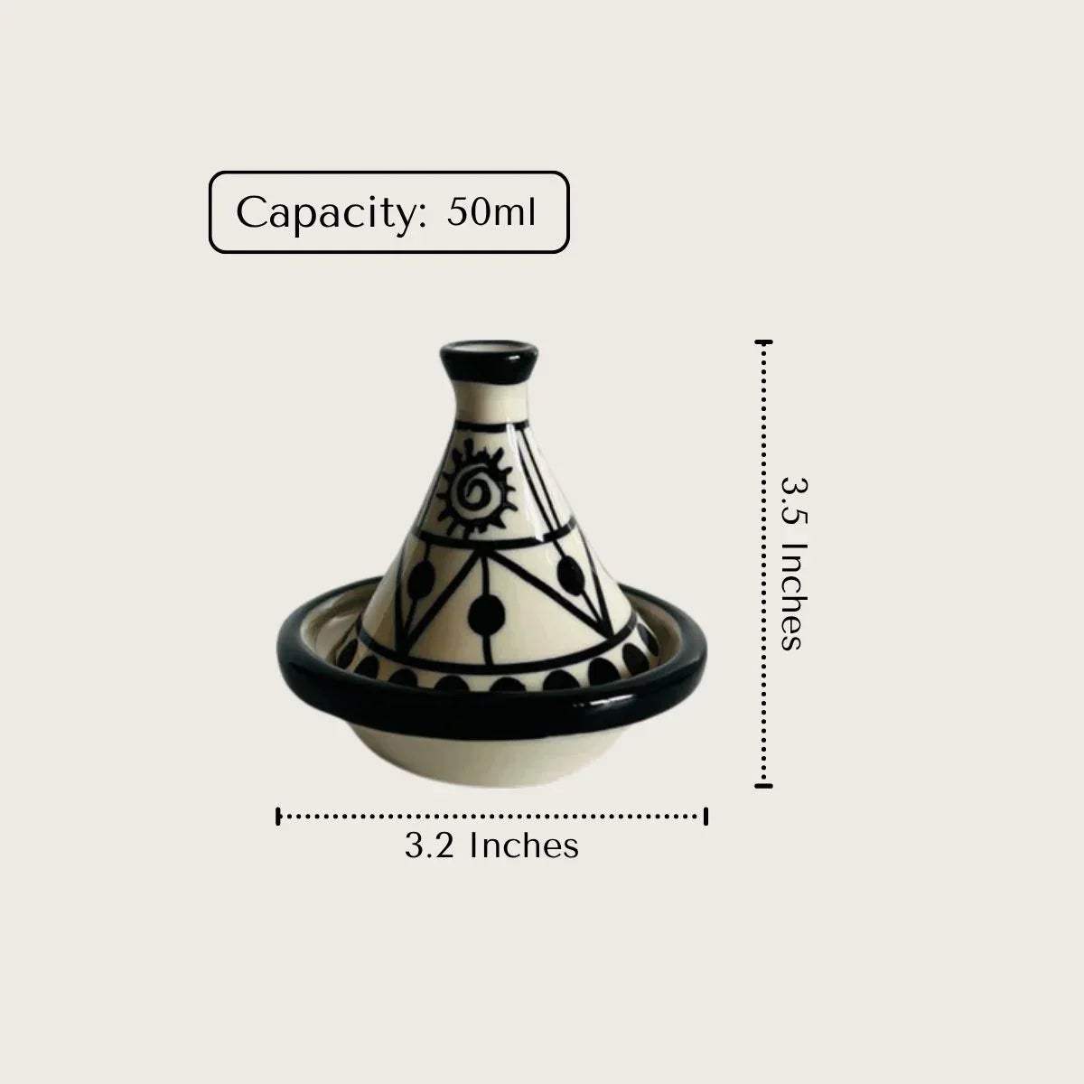 Mini tagine size; 3.2" x 3.5"; 50ml capacity designed for interactive tablescapes and small bite service.