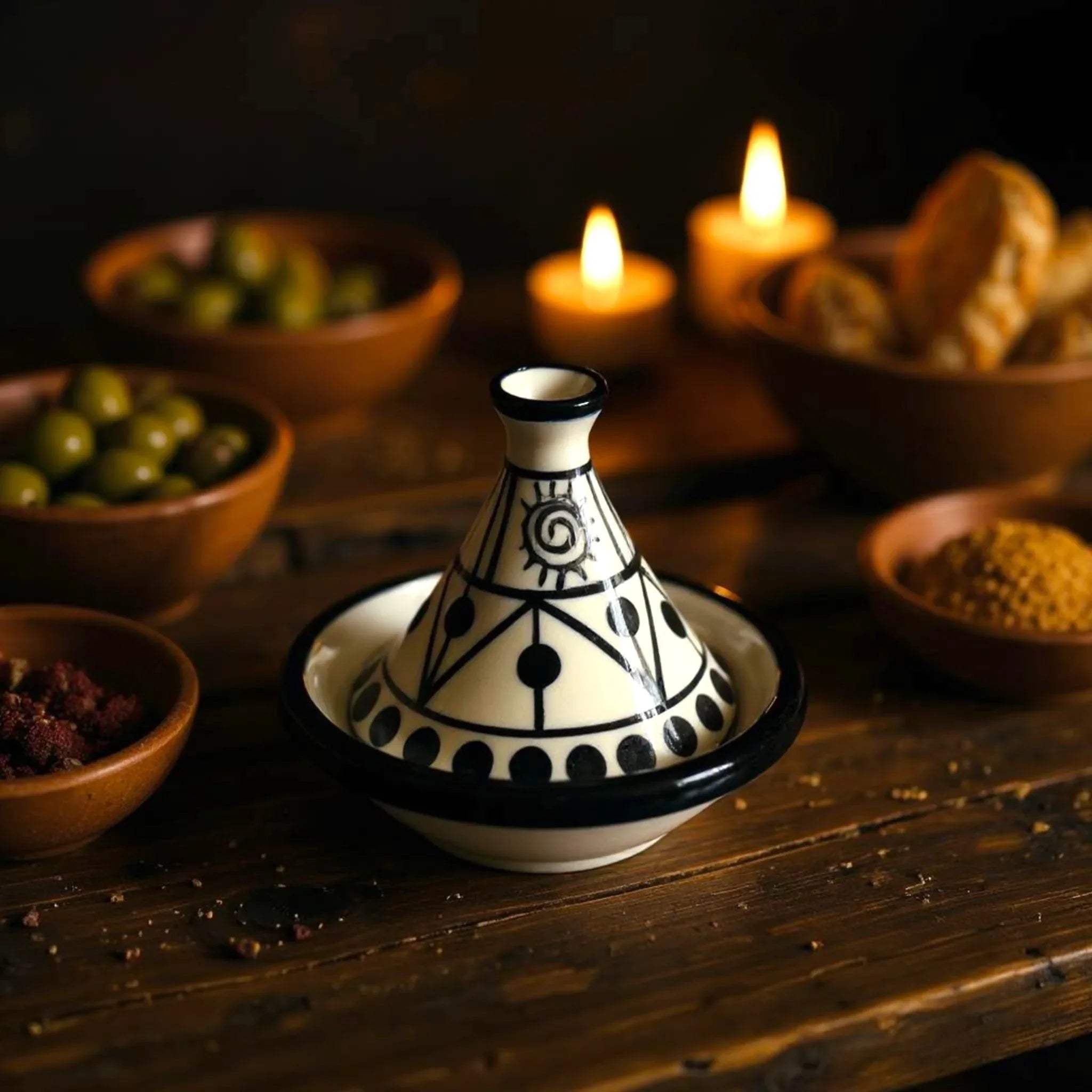 Glossy black and white sun patterns; close-up of the handcrafted Moroccan ceramic glaze and petite conical lids.
