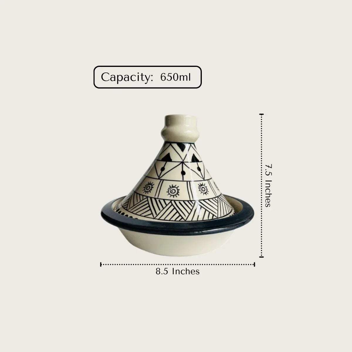 Tagine size; 8.5" diameter x 7.5" height; 650ml capacity designed for elegant tabletop presence and storage.