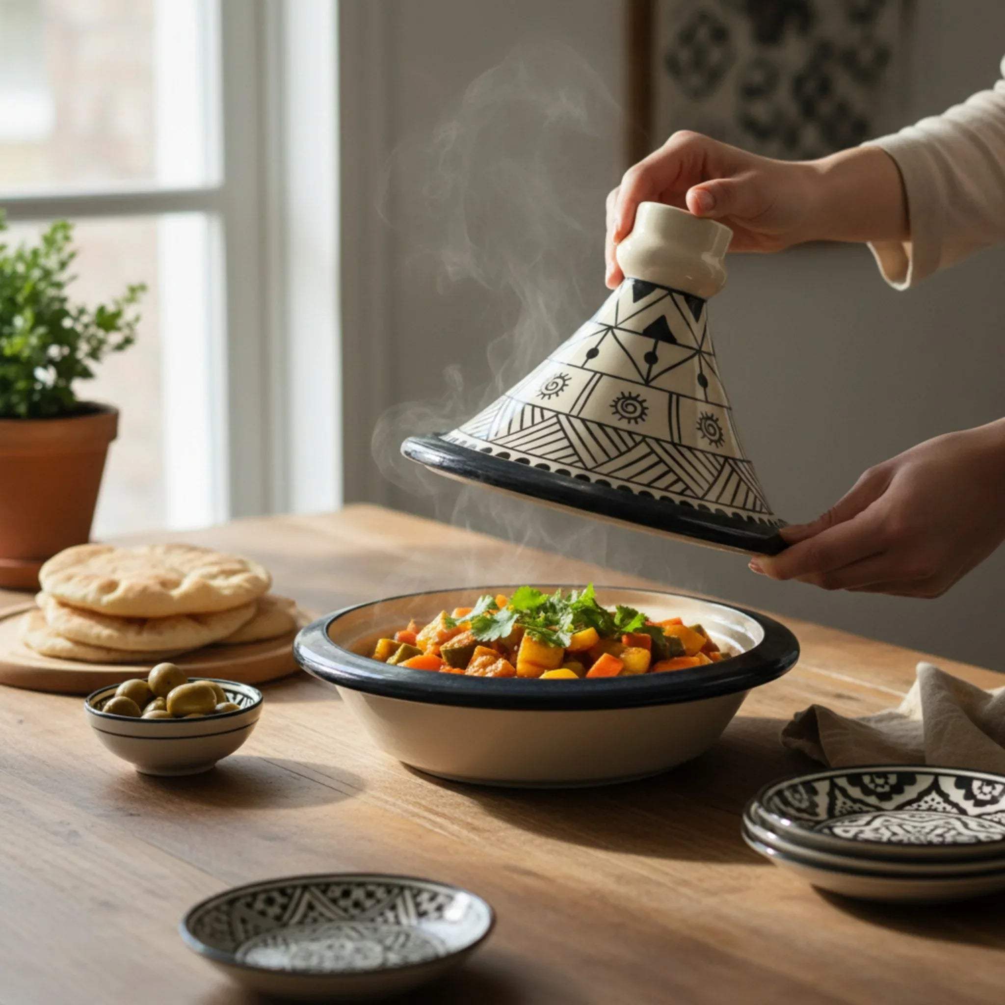 Tagine al-Shams with couscous and herbs; Pinterest-worthy slow-food dinner and aesthetic Moroccan hosting.